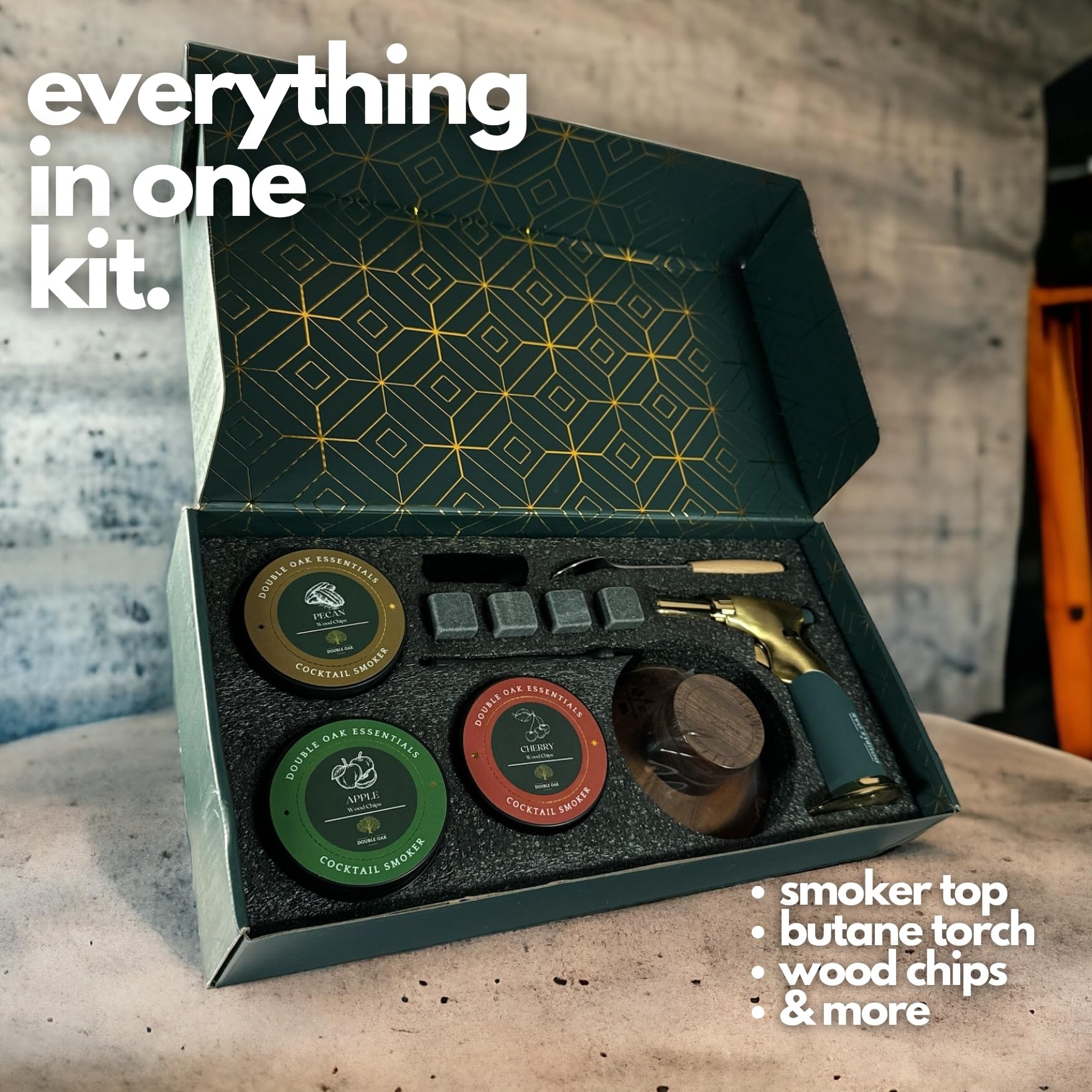 Cocktail Smoker Kit with Torch by Double Oak Essentials - 3 Flavors of Wood Chips and Butane Torch Included (Butane Sold Separately) - Whiskey Gifts for Men - Whiskey Smoker