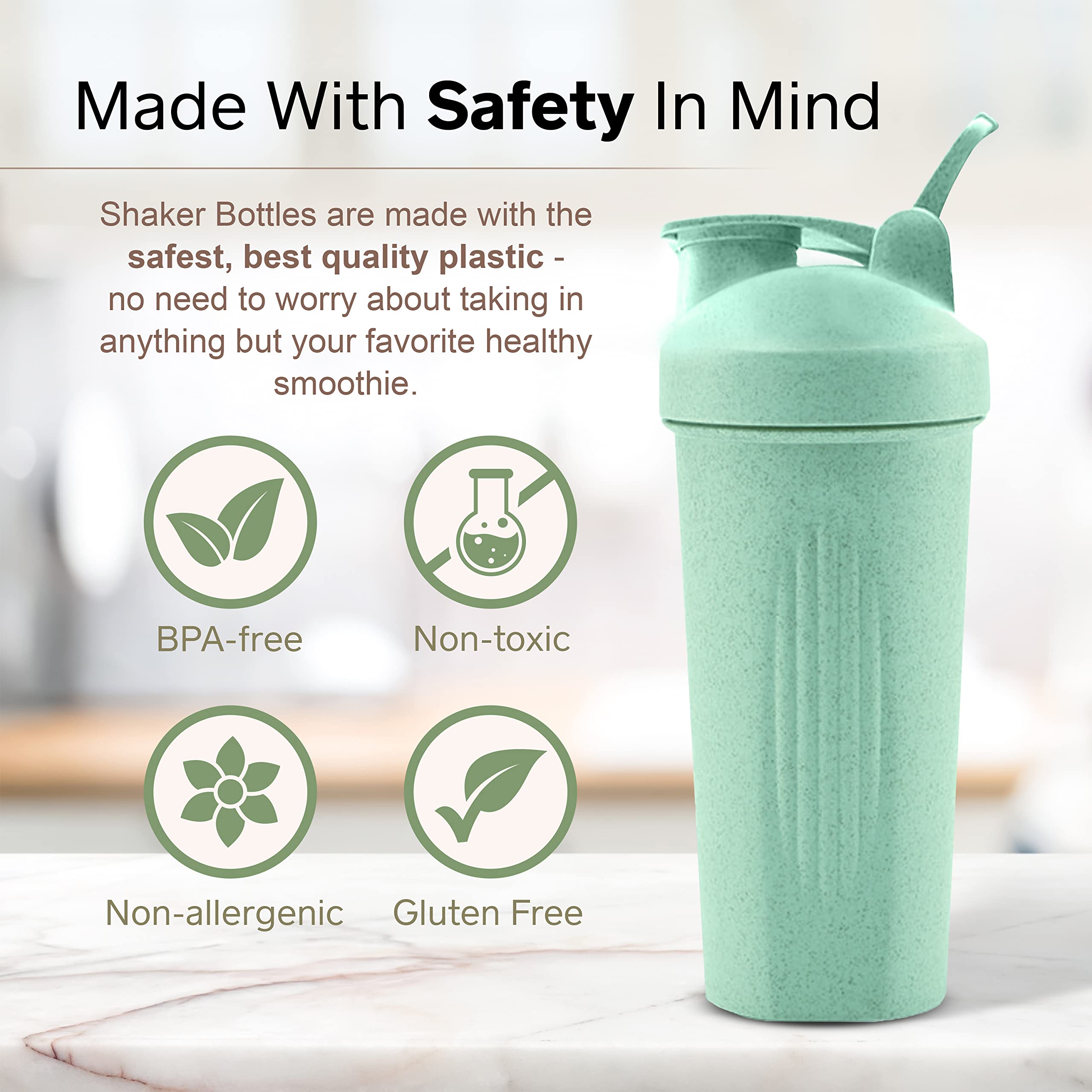 Healthier Comforts Shaker Bottle | Eco Friendly Protein Shaker Bottle w/Mixer Ball, 24oz (700ml) | BPA Free Blender Cup w/Sustainable Wheat Straw | Dishwasher Safe, Drink Shaker Cup (Mint)