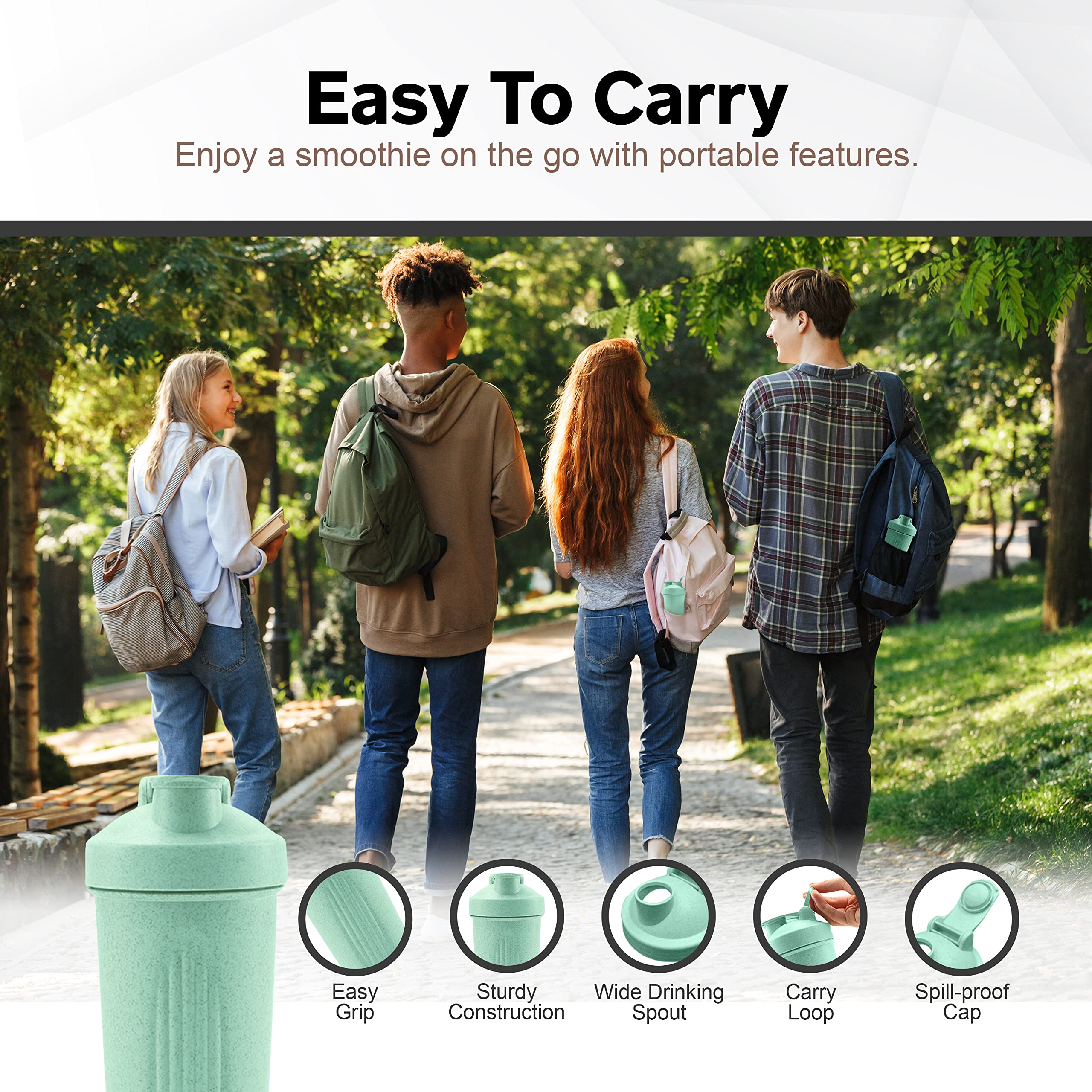 Healthier Comforts Shaker Bottle | Eco Friendly Protein Shaker Bottle w/Mixer Ball, 24oz (700ml) | BPA Free Blender Cup w/Sustainable Wheat Straw | Dishwasher Safe, Drink Shaker Cup (Mint)