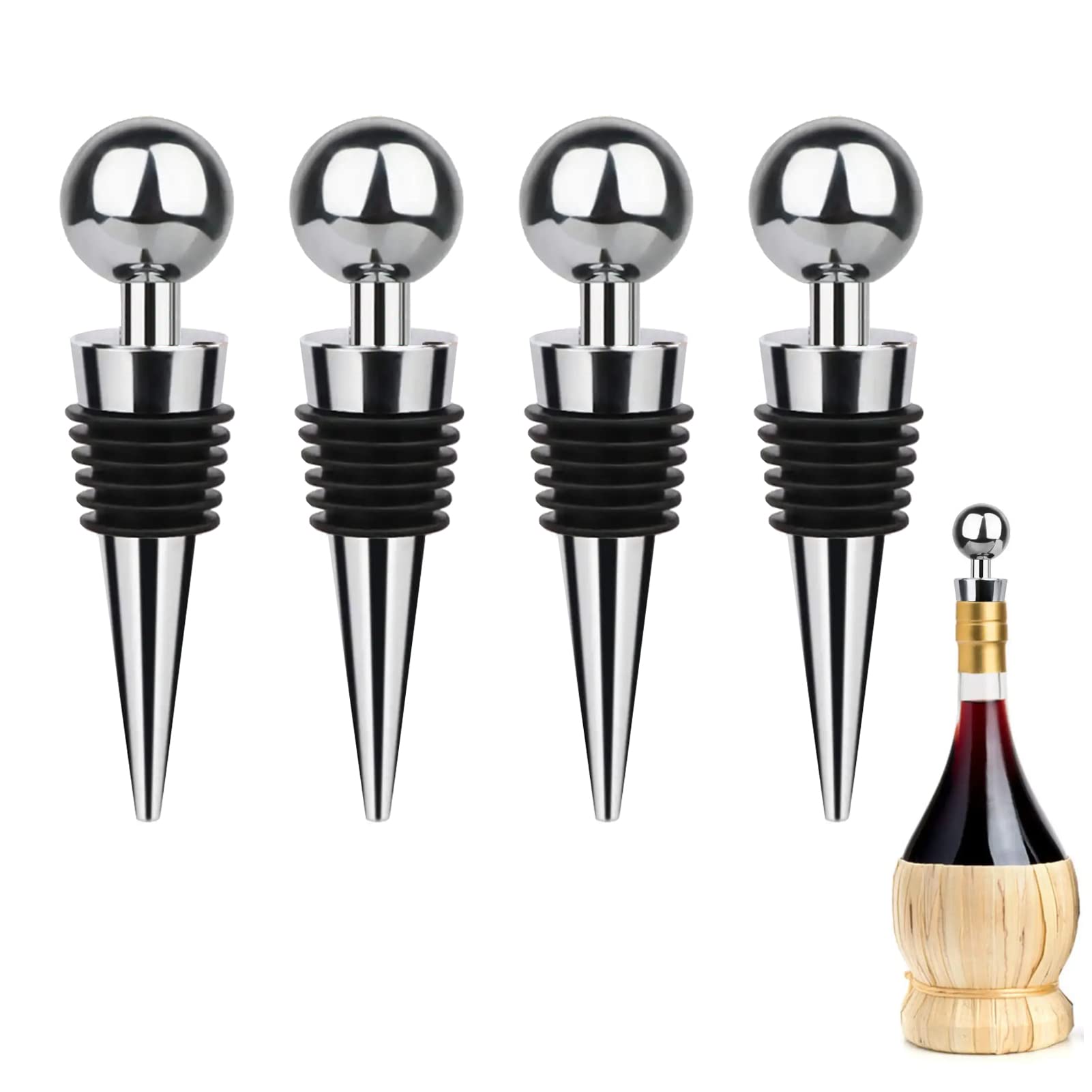 MOODKEY 4PCS Wine Stoppers Bottle Stopper Stainless Steel Wine Saver Sealer Reusable Wine Corks for Beverage Metal Bottle Stopper Silicone Beer Champagne Stoppers for Gift,Bar,Holiday Party,Wedding