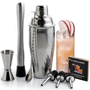 24 Oz Cocktail Shaker Set with Premium Drink Mixer Accessories: Drink Shaker with Strainer, Jigger, Twisted Bar Spoon, Muddler, Liquor Pourers - Professional Martini Bartender Cocktail Kit - Cresimo