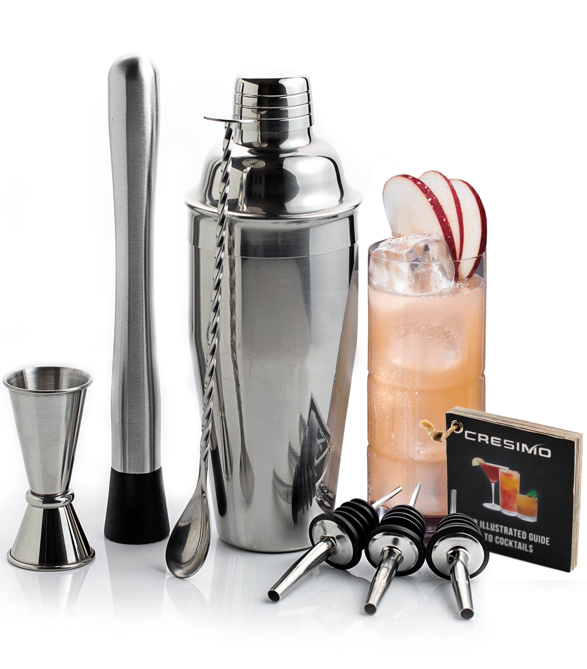 24 Oz Cocktail Shaker Set with Premium Drink Mixer Accessories: Drink Shaker with Strainer, Jigger, Twisted Bar Spoon, Muddler, Liquor Pourers - Professional Martini Bartender Cocktail Kit - Cresimo