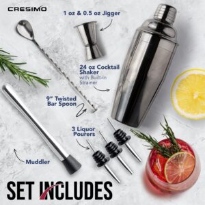 24 Oz Cocktail Shaker Set with Premium Drink Mixer Accessories: Drink Shaker with Strainer, Jigger, Twisted Bar Spoon, Muddler, Liquor Pourers - Professional Martini Bartender Cocktail Kit - Cresimo