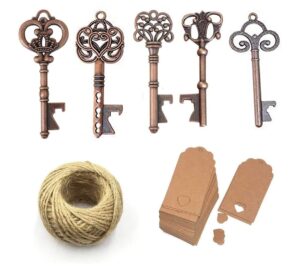 50pcs copper skeleton key beer bottle opener with 100 pcs blank card and 98 feet hemp rope for wedding party favors (mixed 5 styles copper)
