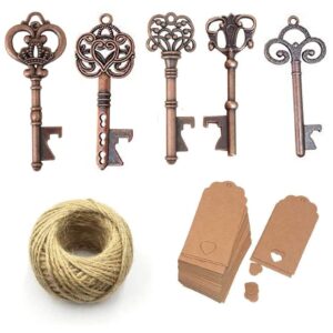 50pcs Copper Skeleton Key Beer Bottle Opener With 100 Pcs Blank Card and 98 Feet Hemp Rope for Wedding Party Favors (mixed 5 styles copper)