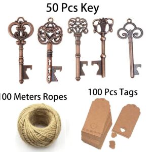 50pcs Copper Skeleton Key Beer Bottle Opener With 100 Pcs Blank Card and 98 Feet Hemp Rope for Wedding Party Favors (mixed 5 styles copper)