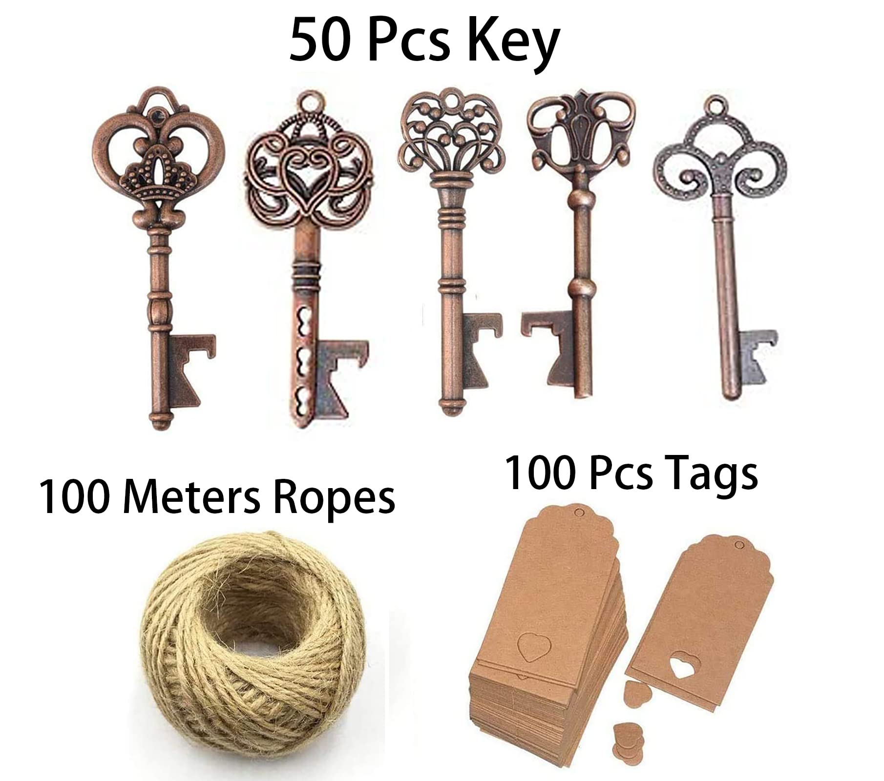 50pcs Copper Skeleton Key Beer Bottle Opener With 100 Pcs Blank Card and 98 Feet Hemp Rope for Wedding Party Favors (mixed 5 styles copper)