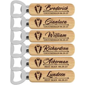 personalized wooden bottle opener gift, engraved wedding gift for best man, father of the bride, usher groomsman (set of 6)