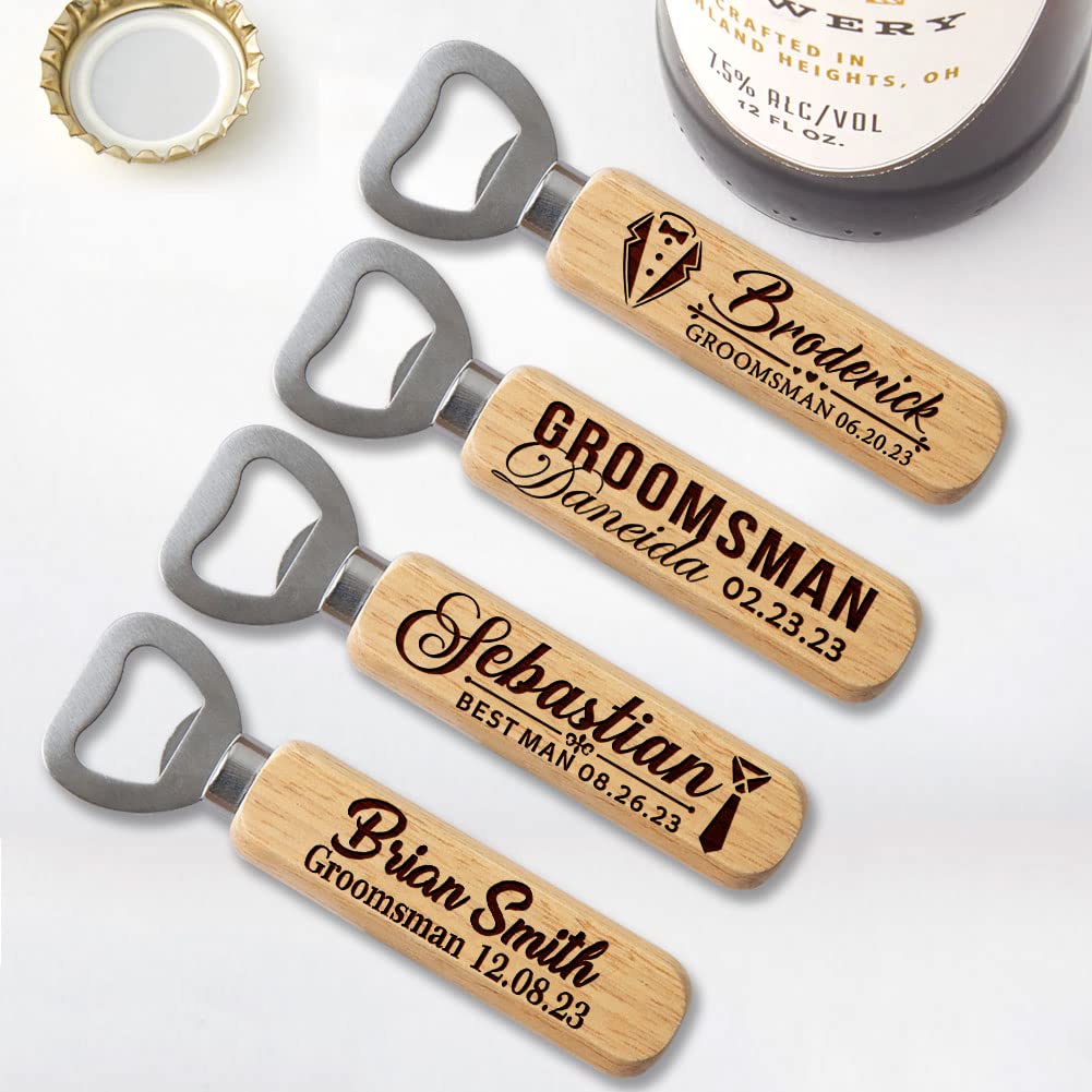 Personalized Wooden Bottle Opener Gift, Engraved Wedding Gift for Best man, Father of the Bride, Usher Groomsman (Set of 6)