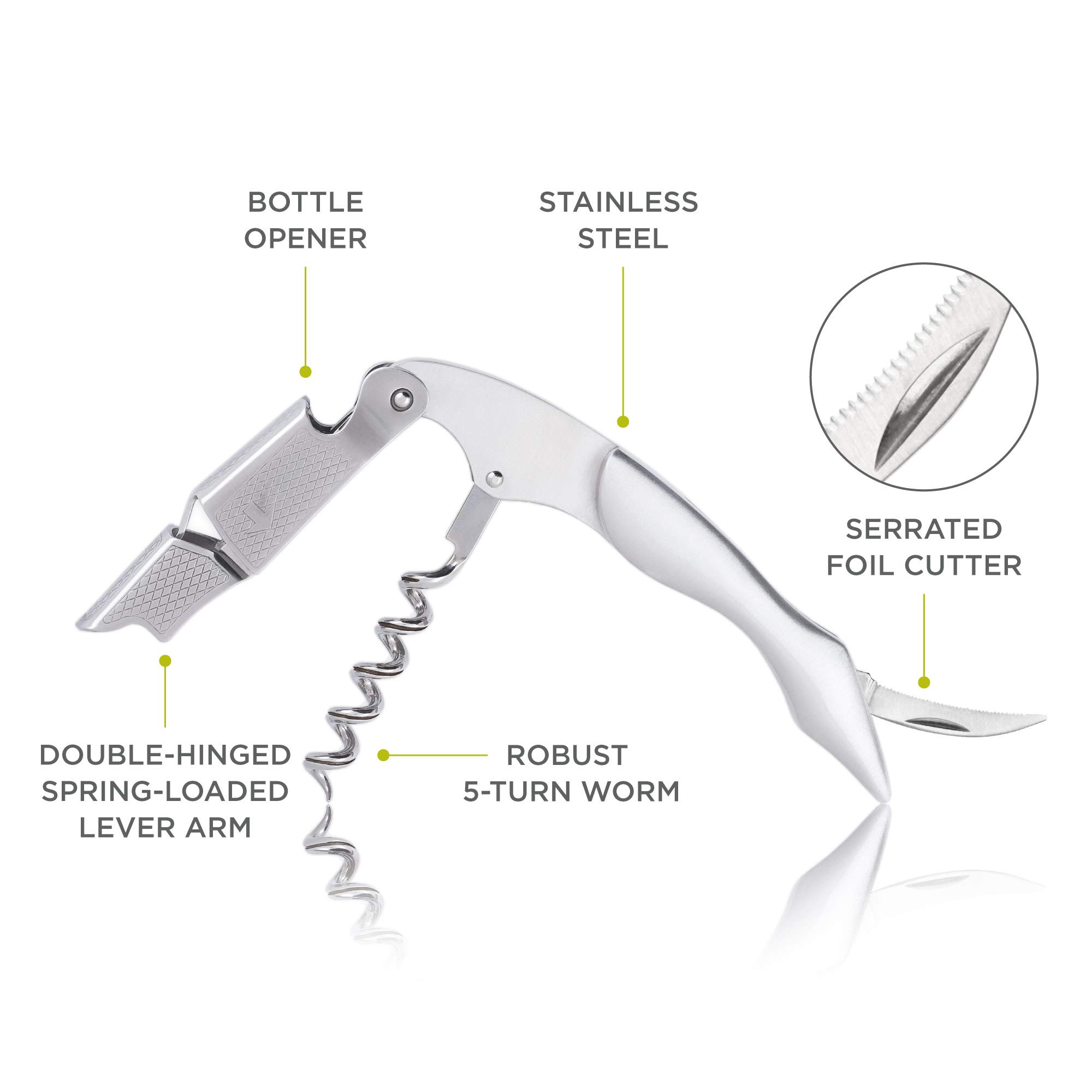 True Sommelier Waiter's Corkscrew - Professional Wine Bottle Opener, Wine Accessories, Gift for Wine Lovers, Stainless Steel - Set of 1, Silver