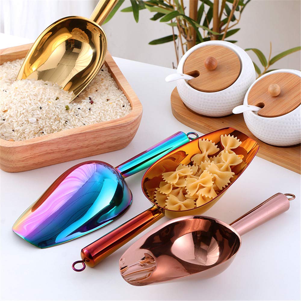 Mingcheng Stainless Steel Ice Scoop and Ice Tongs Small, Round Bottom Bar Ice Utility Scoop, 6 Inches Serving Tongs with Teeth for Large Cubes, Freezer, Ice Bucket Copper, Set of 3 (Gold)