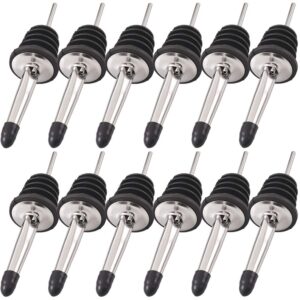newk stainless steel pourers, 12 pack classic bottle pourers tapered spout with rubber caps, suitable for pours liquor, vinegar, syrup or olive oils(12 bottle pourers+12 dust covers)