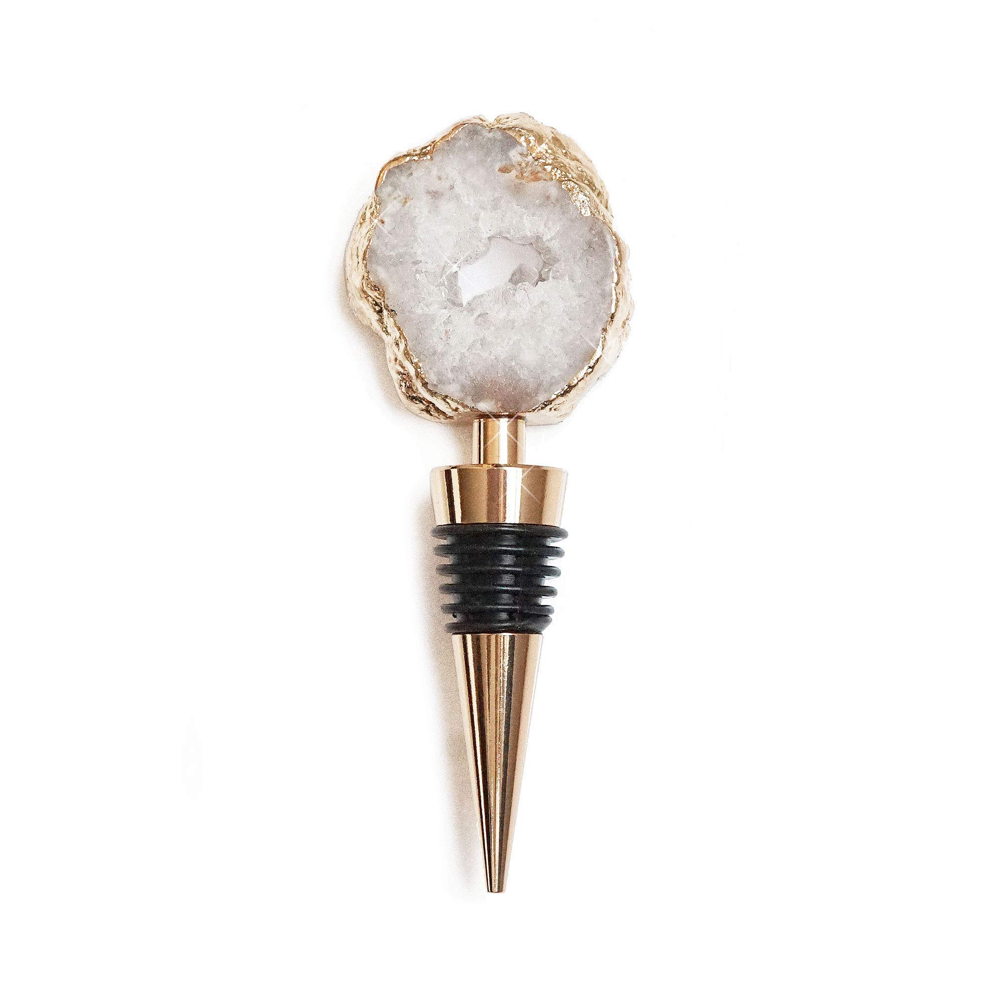 NIKITA Crystal Bottle Stopper - Natural Quartz Agate Bar Accessory in Gold or Silver - Engagement Gifts for Couples Newly Engaged or Bride to Be - Unique Wine & Champagne Reusable Wine Seal (Gold)