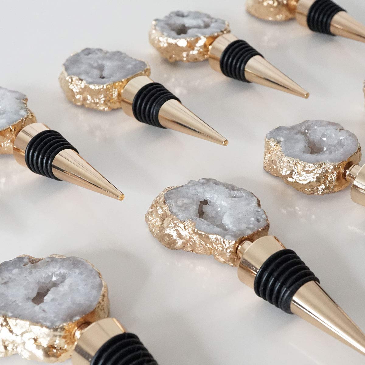 NIKITA Crystal Bottle Stopper - Natural Quartz Agate Bar Accessory in Gold or Silver - Engagement Gifts for Couples Newly Engaged or Bride to Be - Unique Wine & Champagne Reusable Wine Seal (Gold)