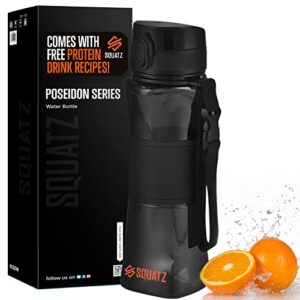 squatz 24 oz poseidon series water bottle with shaker ball - premium quality wide mouth gym flask w/fruit infuser strainer, fixed buckle carrying strap, leak resistance, zero condensation sleeve