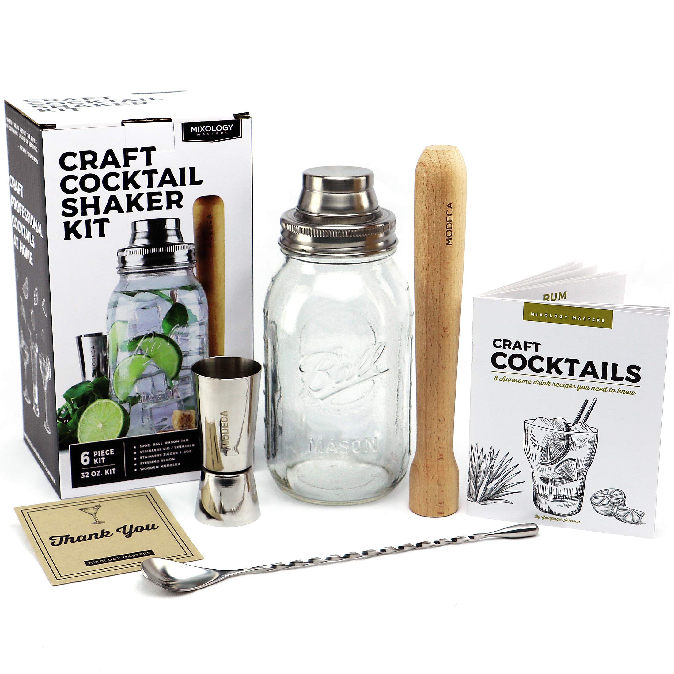 Premium Cocktail Shaker Kit Bar Gift Set with Mason Jar, Jigger, Spoon, Wooden Muddler, Recipe Book