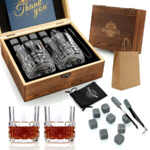 sovyime whiskey stones gifts for men, groomsmen gifts, granite chilling stones bourbon whiskey glasses set, unique birthday gifts for men christmas father's day valentine retirement