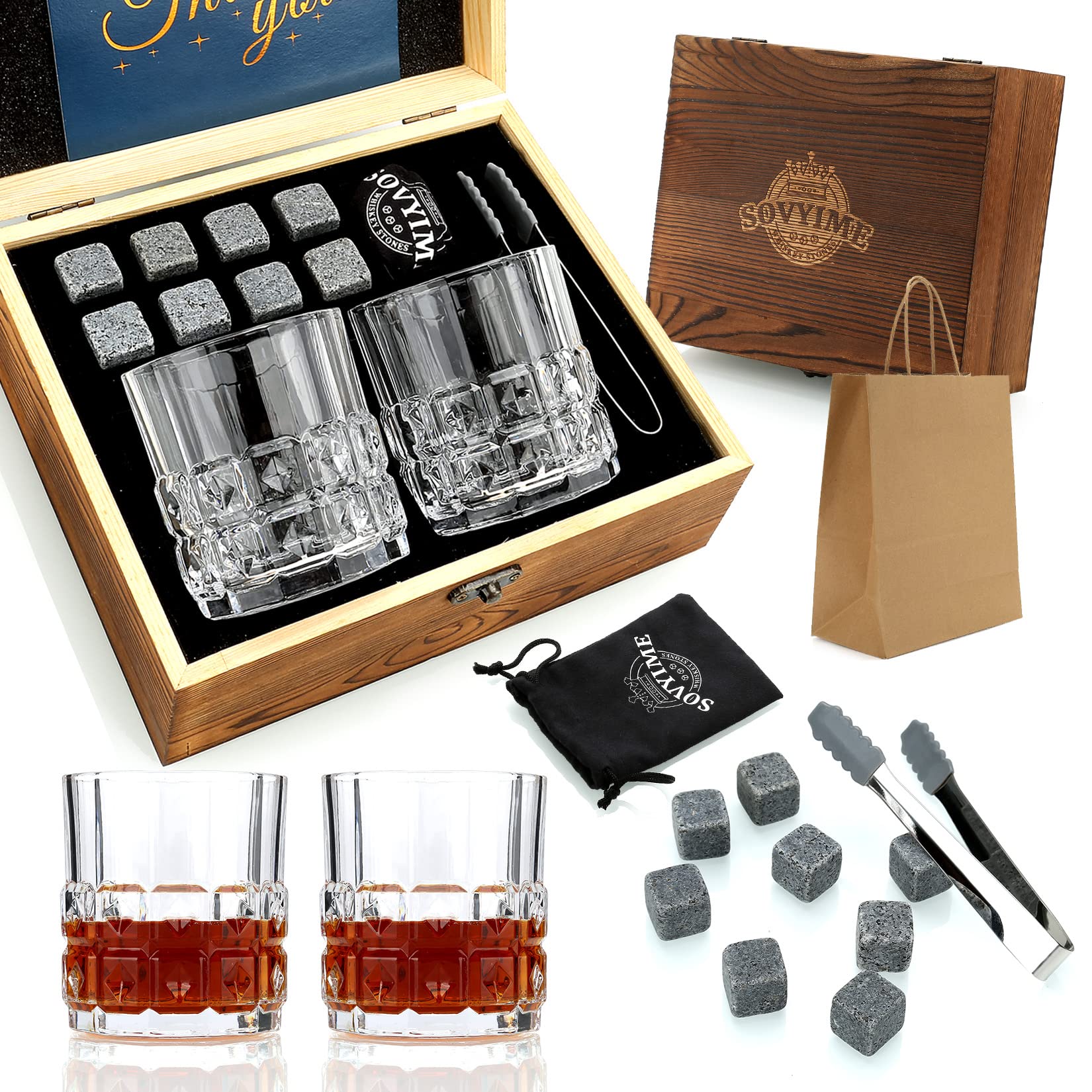 Sovyime Whiskey Stones Gifts for Men, Groomsmen Gifts, Granite Chilling Stones Bourbon Whiskey Glasses Set, Unique Birthday Gifts for Men Christmas Father's Day Valentine Retirement