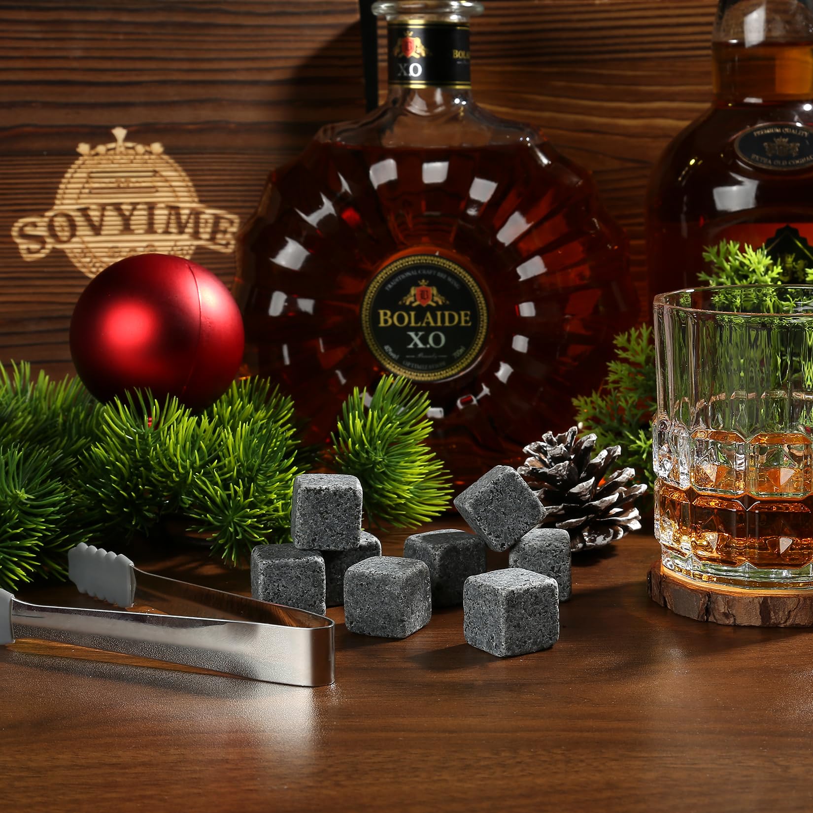 Sovyime Whiskey Stones Gifts for Men, Groomsmen Gifts, Granite Chilling Stones Bourbon Whiskey Glasses Set, Unique Birthday Gifts for Men Christmas Father's Day Valentine Retirement