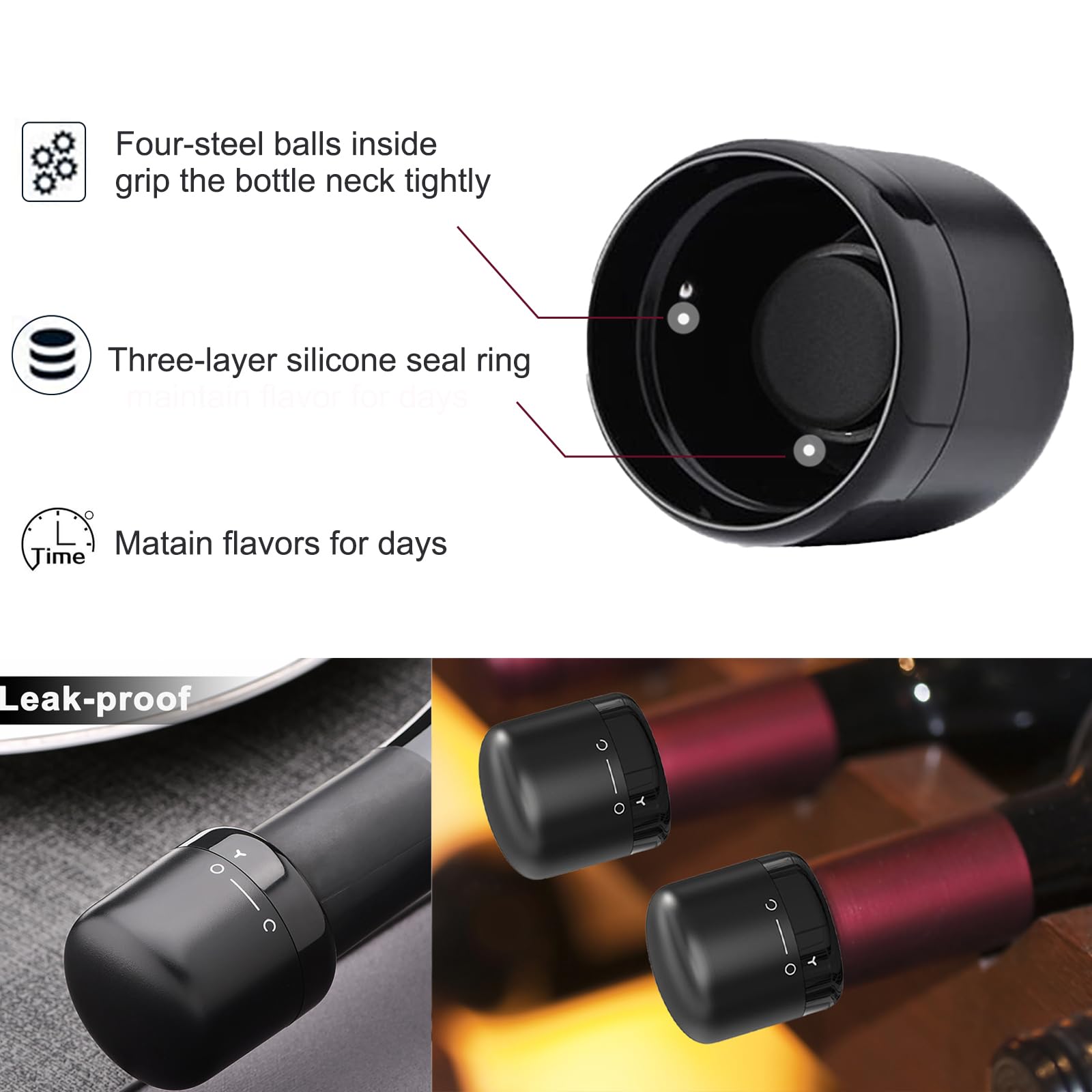 DUNLAGUE Wine Bottle Stopper With Twist Lock 2Pack,Wine Stopper With Silicone Reusable Wine Sealer, Wine Toppers Stopper Leak Proof And Keeps Wine Fresh For Easy Storage, Black