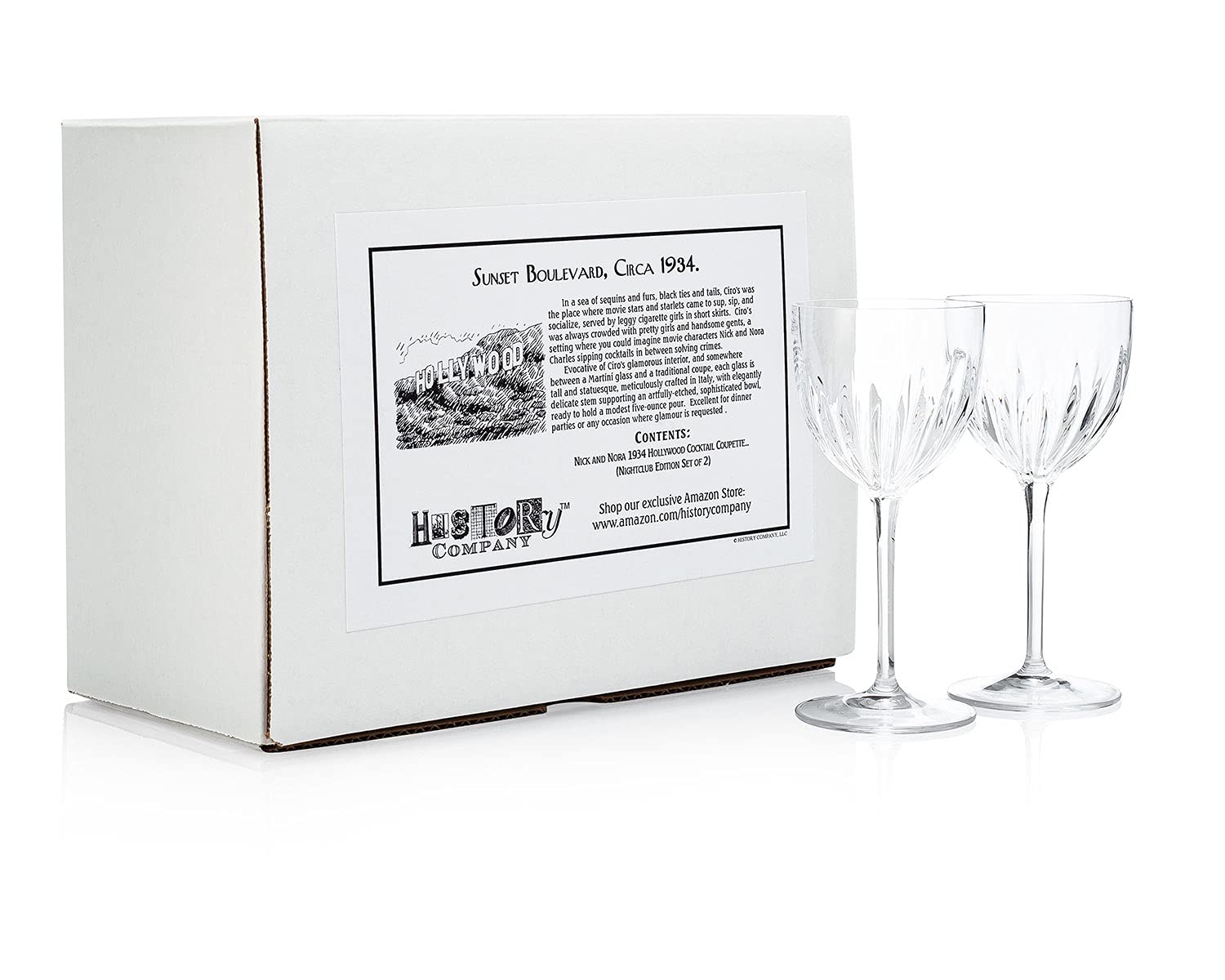 HISTORY COMPANY Nick & Nora 1934 "Hollywood” Crystal Cocktail Coupette 2-Piece Set (Gift Box Collection)