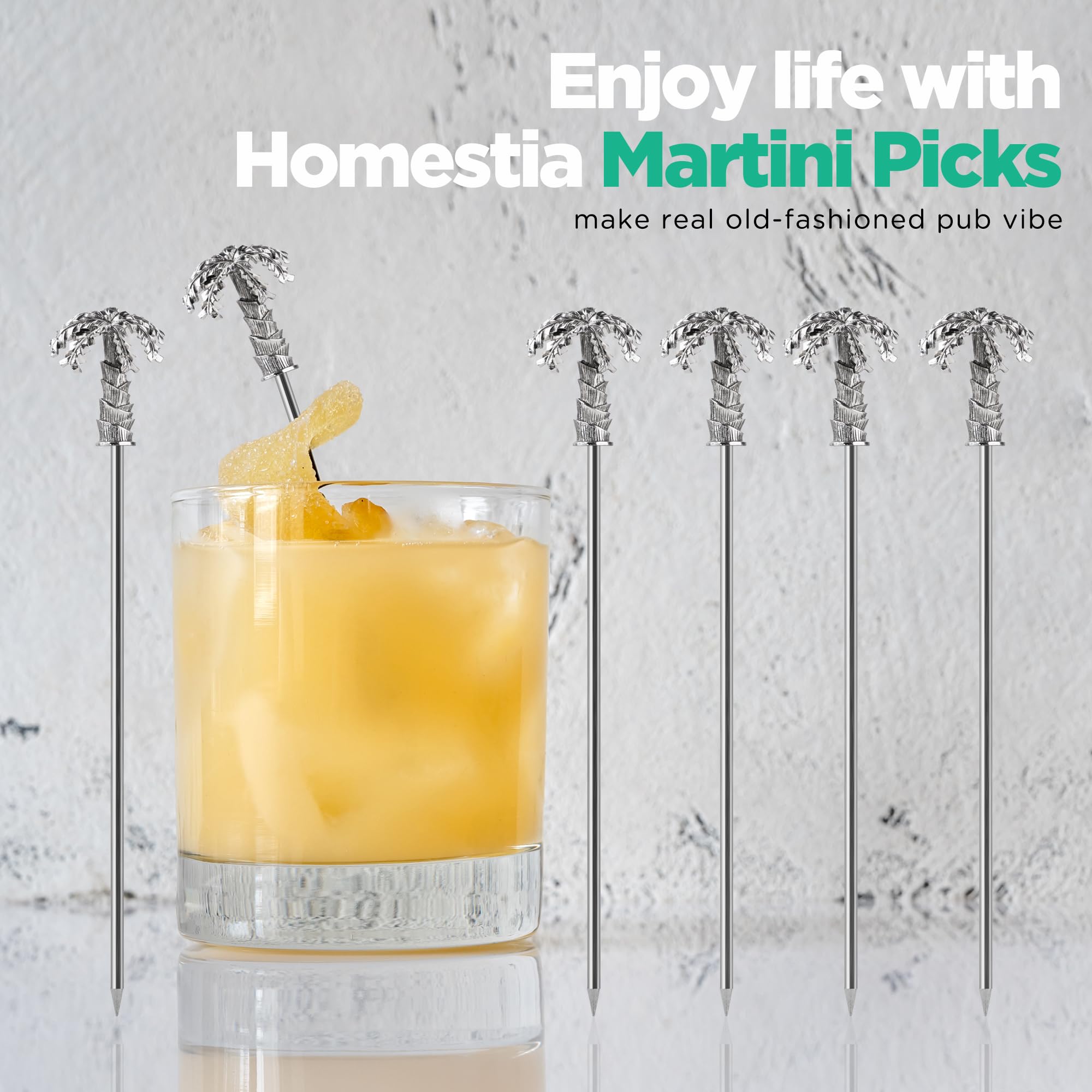 Homestia 6Pcs Metal Cocktail Picks for Drinks, Palm Tree Martini Picks Olive Martini Picks Cocktail Accessories for Drinks, 4.7" Retro Art Deco Cocktail Toothpicks Cocktail Garnish Cocktail Swords