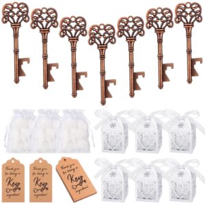 sawysine 50 set key bottle openers skeleton key valentine's day favors with escort card tag and key chains, love heart laser cut candy boxes and white organza bags rustic decoration