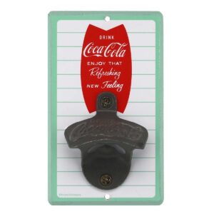 coca-cola striped wall bottle opener - vintage coca-cola bottle opener made with wood and cast metal - great gift idea
