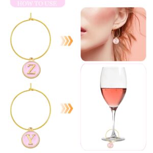 Aylifu 52pcs Round Pink Enamel Initial Letter Charms and 60pcs 25 mm Golden Wine Glass Rings Drink Identifiers Markers for Wedding Champagne Party Decoration Supplies Gifts