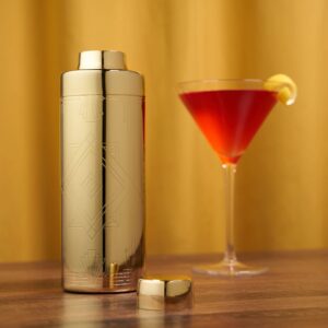 Viski Art Deco Gold Cocktail Shaker, 24 oz Etched Stainless Steel Shaker With Strainer & Gold Finish