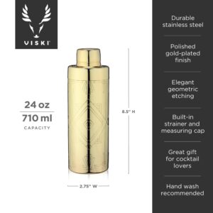 Viski Art Deco Gold Cocktail Shaker, 24 oz Etched Stainless Steel Shaker With Strainer & Gold Finish