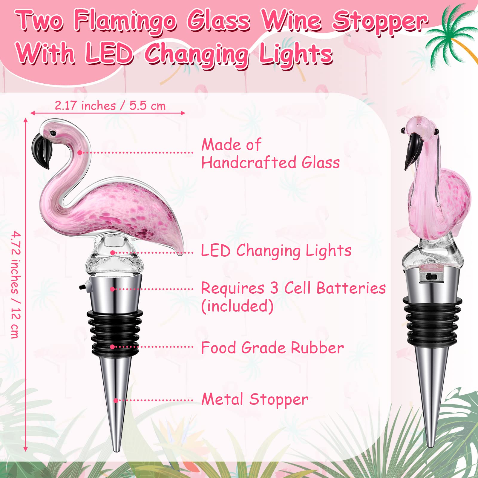 2 Pcs Glass Flamingo Wine Bottle Stopper Flamingo Wine Stopper with LED Changing Lights Cute Animal Wine Stopper Flamingo Gifts for Women Men Wine Accessories