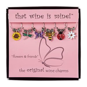 wine things 6-piece wine glass markers wine glass charms wine glass tags for stem glasses wine tasting party, wine charm (flowers & friends)