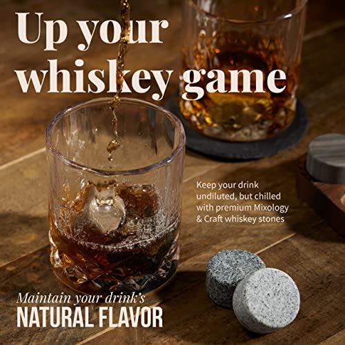 Mixology & Craft Whiskey Stones Set - 6 Circular Granite Bourbon Chilling Rocks - Great Whiskey Gifts for Men, Fathers, Groomsmen Gifts