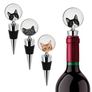 wirester set of 3 stainless steel decorative wine bottle stoppers for bar, holiday, party, wedding - orange tabby cat, black bombay cat, tuxedo cat