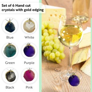 WANDA LIVING Wine Glass Charms, Wine Charms for Bridal Shower Artisan crafted Agate Crystal, Wine Charms for Stem Glasses, Wine Glass markers Set of 6 with Gold edging