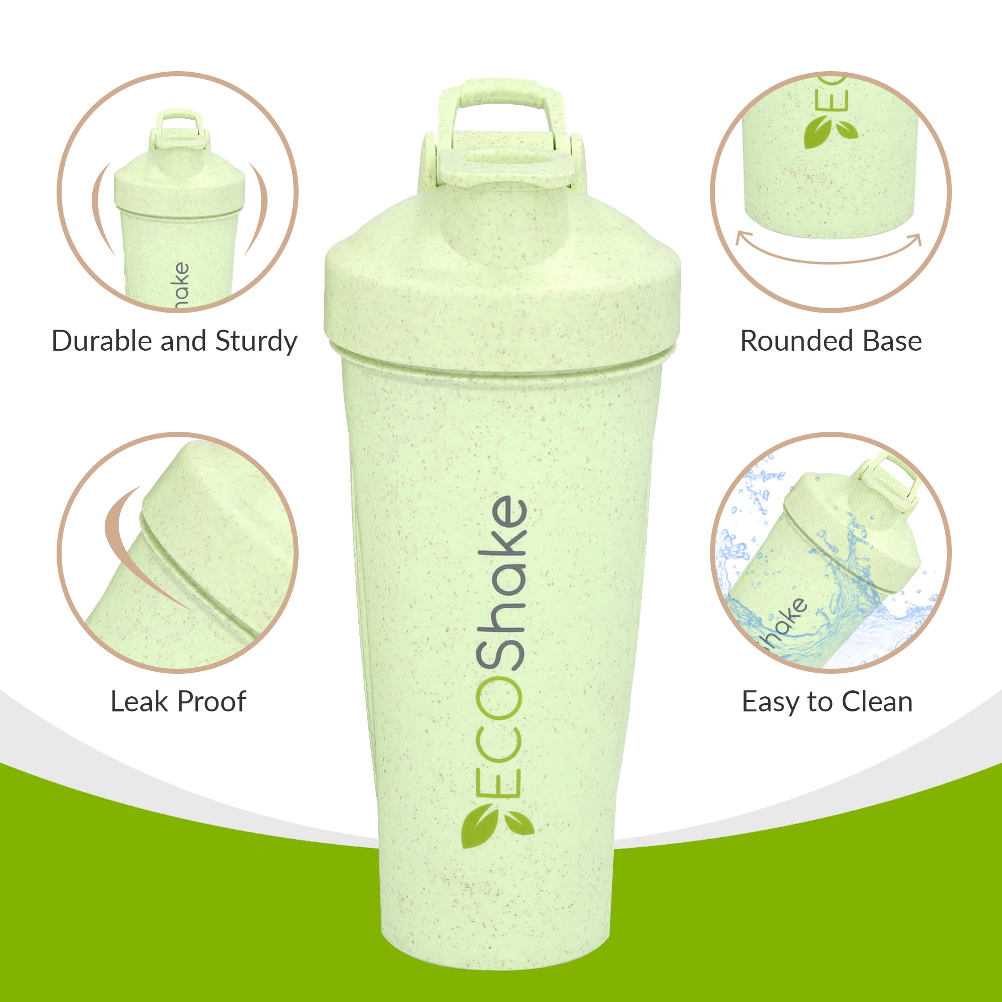 Eco Shake, your eco-friendly bottle: shaker bottle for the health-conscious & environmentally friendly. 100% biodegradable Wheat Straw, 20-ounce