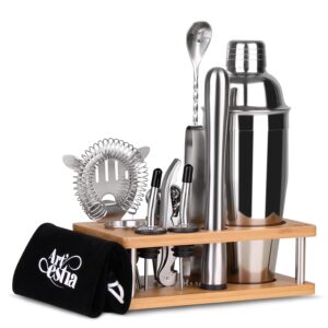 artestia cocktail shaker set, 13-piece mixology bartender tool kit with bamboo stand bar set cocktail shaker set for the home martini cocktail set for amazing drink mixing, silver