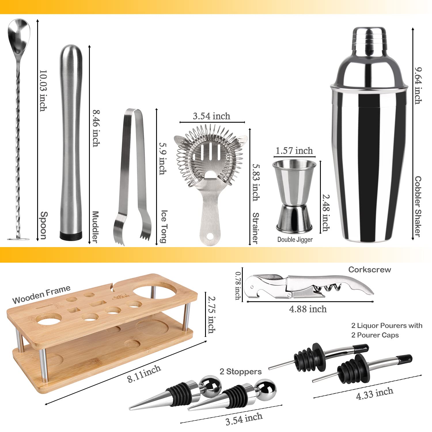 Artestia Cocktail Shaker Set, 13-Piece Mixology Bartender Tool Kit with Bamboo Stand Bar Set Cocktail Shaker Set for The Home Martini Cocktail Set for Amazing Drink Mixing, Silver