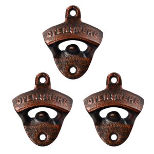 haiicen aged copper wall mount beer bottle opener cast iron beer cap opener open here for patio party gifts (pack of 3)