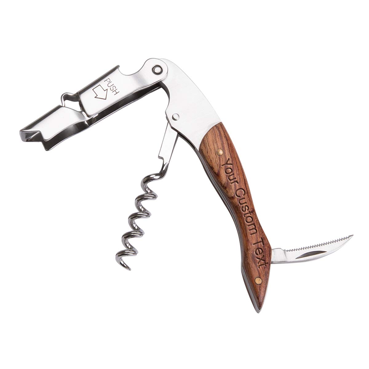 Personalized Custom Engraved Waiters Corkscrew - 3 in 1 Wine Opener with Rosewood Pull Tap Handle Bottle Opener and Serrated Foil Cutter(No Holster)