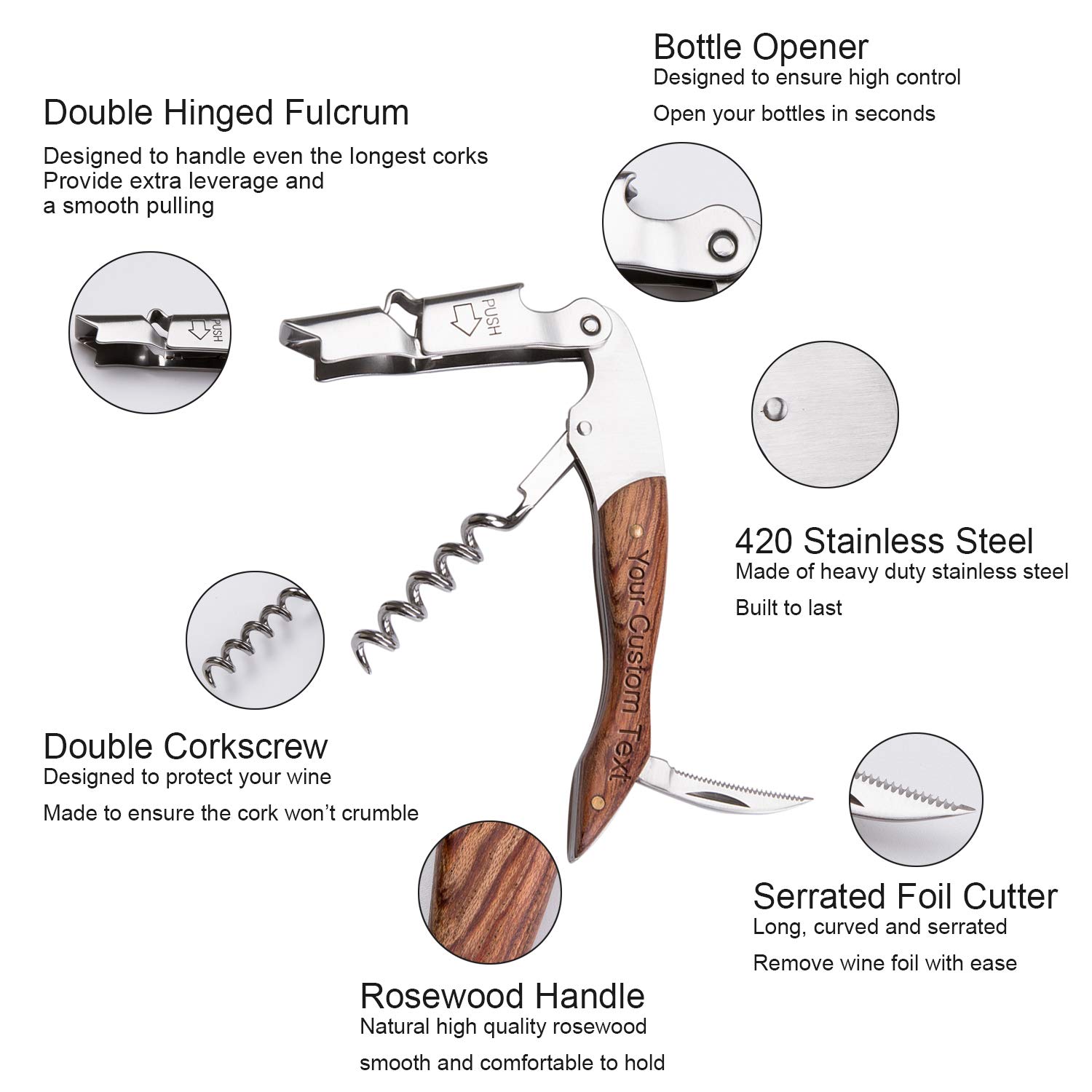 Personalized Custom Engraved Waiters Corkscrew - 3 in 1 Wine Opener with Rosewood Pull Tap Handle Bottle Opener and Serrated Foil Cutter(No Holster)