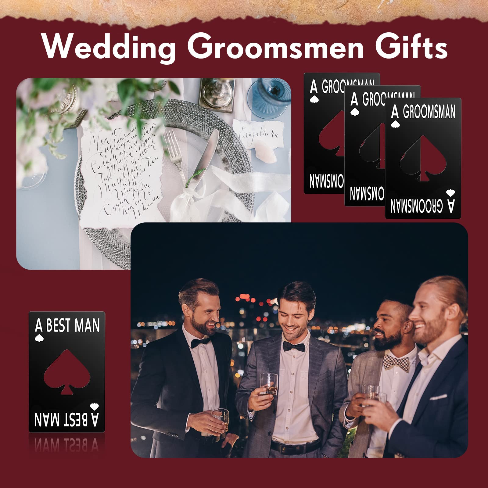 6 Pcs Groomsmen Bottle Opener Groomsmen Stainless Steel Credit Card Size Beer Bottle Opener Cap Black Casino Poker Card Ace Card Groomsmen Gifts for Wedding Birthday Party Bridal Shower Supplies