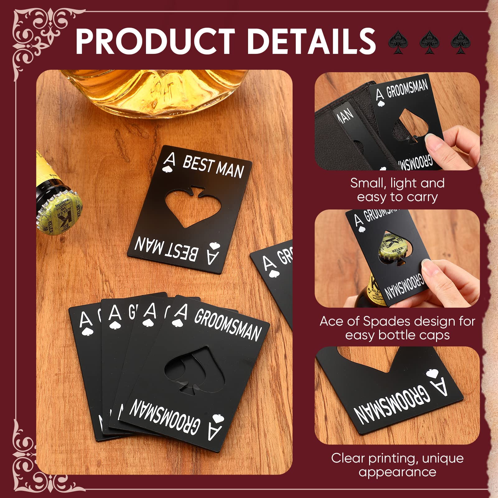 6 Pcs Groomsmen Bottle Opener Groomsmen Stainless Steel Credit Card Size Beer Bottle Opener Cap Black Casino Poker Card Ace Card Groomsmen Gifts for Wedding Birthday Party Bridal Shower Supplies