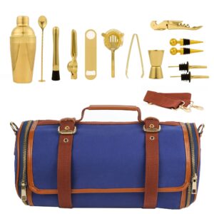 discerno bartender travel bag - cocktail barware roll bag and tool set w/ vegan leather shoulder strap, cocktail accessories storage case, perfect for mixing cocktails and drinks, navy