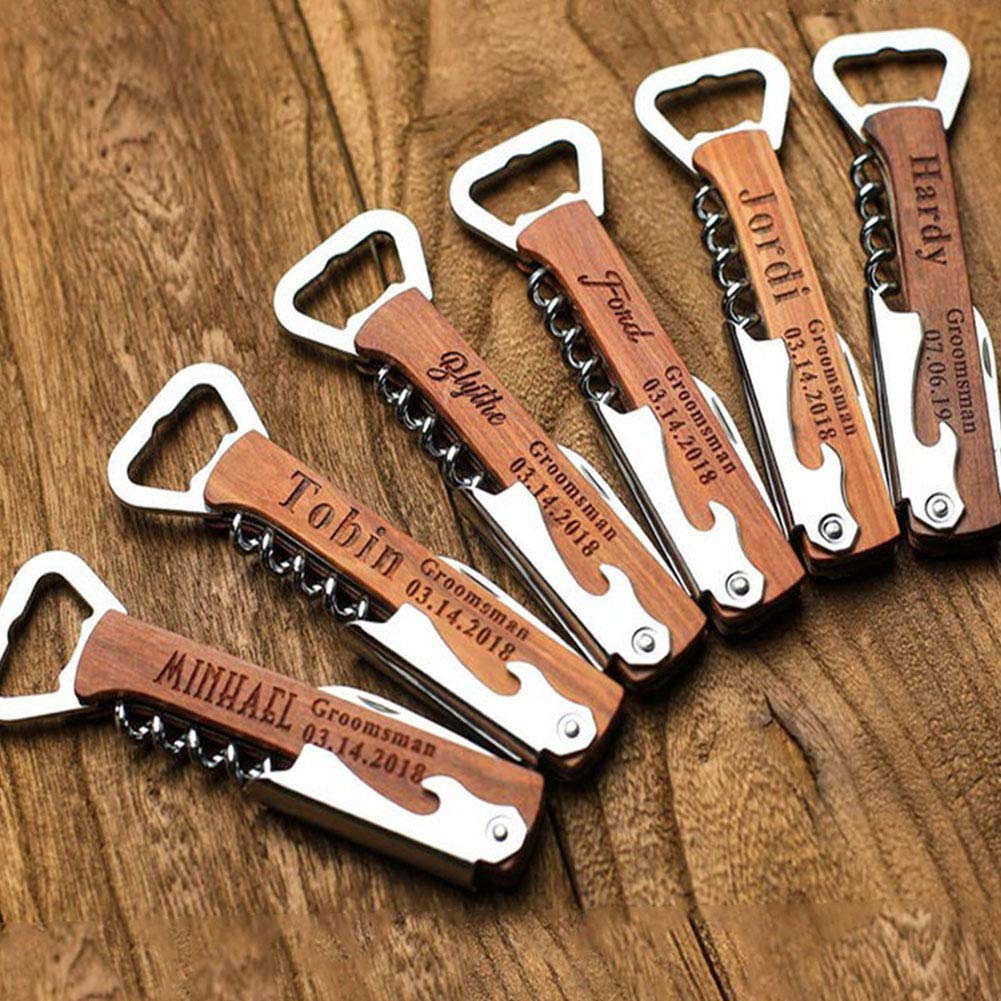 Personalized Wood Bottle Opener Wine Corkscrew, Groomsmen Corkscrew Wedding Party Gifts Engraved Wine Opener Father Day's Gift (Wooden)