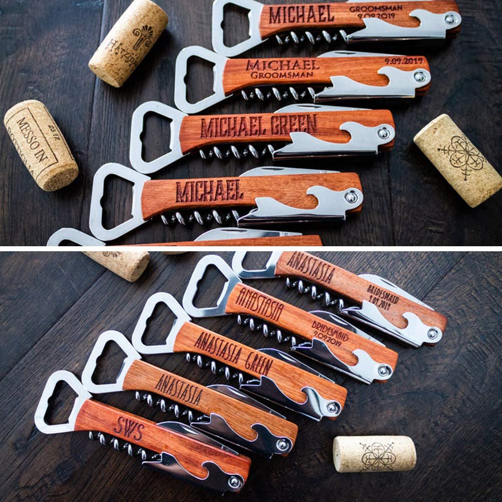 Personalized Wood Bottle Opener Wine Corkscrew, Groomsmen Corkscrew Wedding Party Gifts Engraved Wine Opener Father Day's Gift (Wooden)