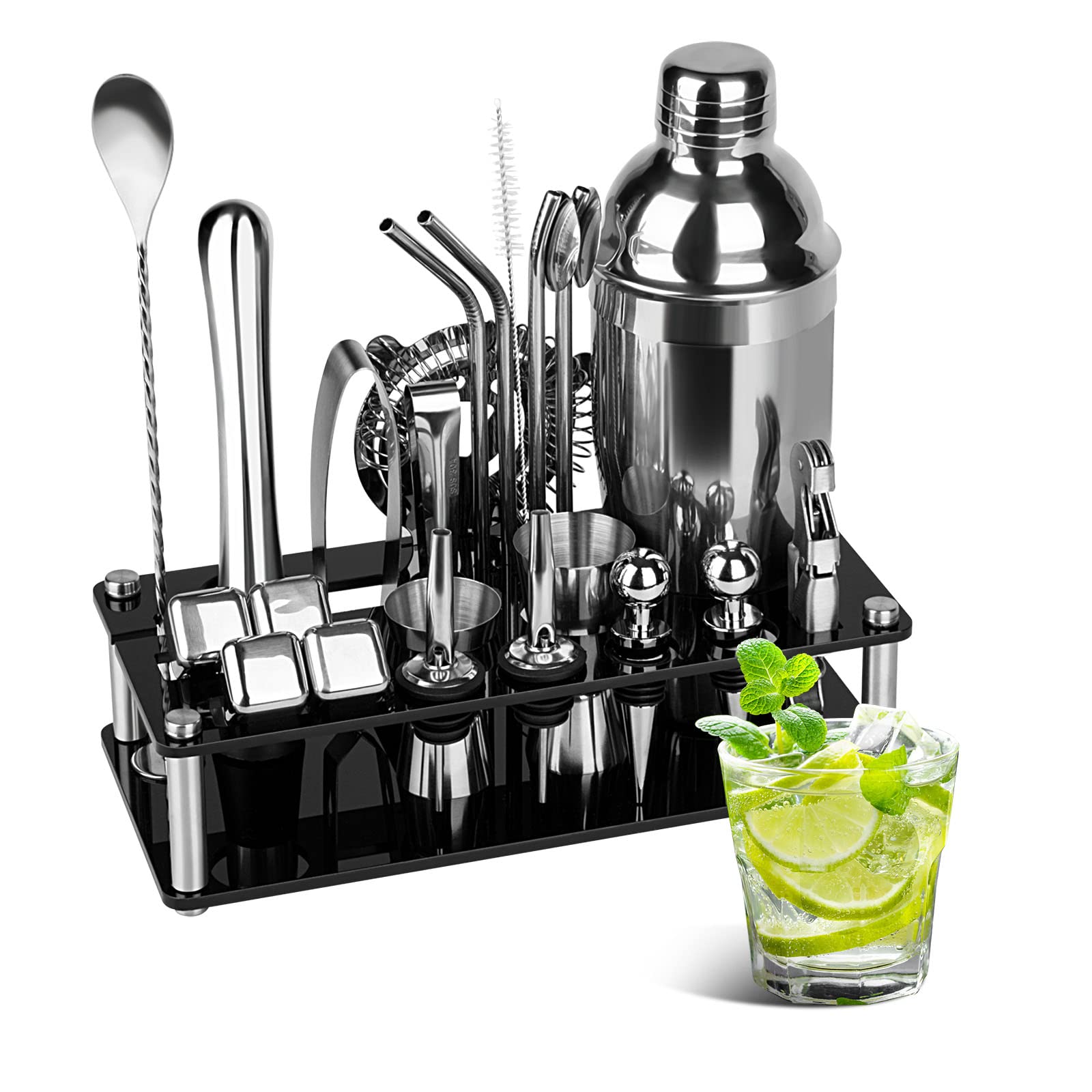 Farafox Cocktail Shaker Set Bartender Kit,23 PCS Bar Tool Set with Acrylic Stand, Professional Bar Tools for Drink Mixing, Home, Bar, Party (Include 4 Whiskey Stones)