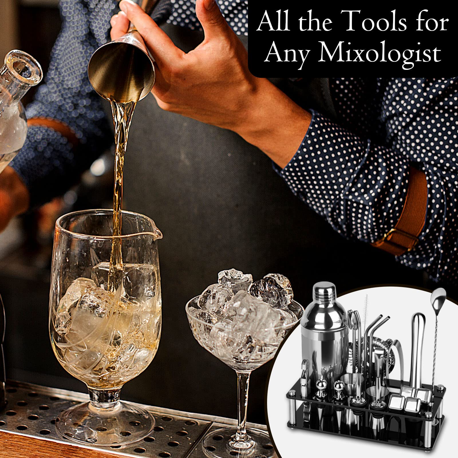 Farafox Cocktail Shaker Set Bartender Kit,23 PCS Bar Tool Set with Acrylic Stand, Professional Bar Tools for Drink Mixing, Home, Bar, Party (Include 4 Whiskey Stones)