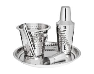 godinger barware bar tools stainless steel set, includes cocktail shaker for drink mixing, double jigger, ice bucket, tongs and display serving tray
